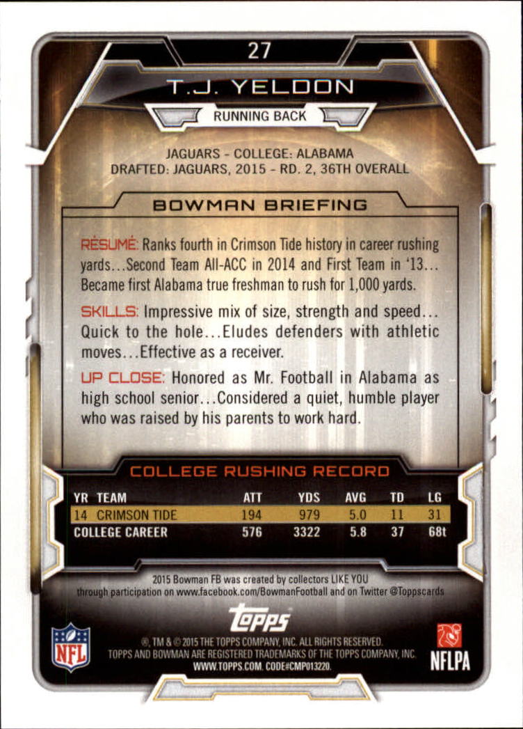 2015 Bowman #R27 T.J. Yeldon RC back image