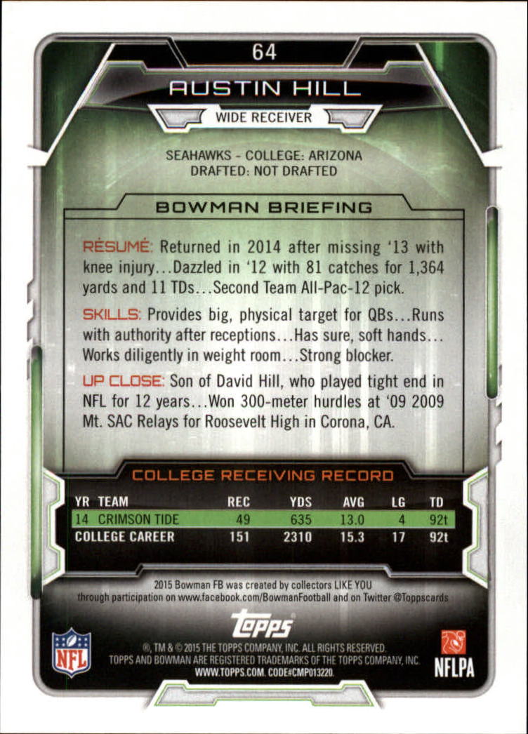 2015 Bowman #R64 Austin Hill RC back image