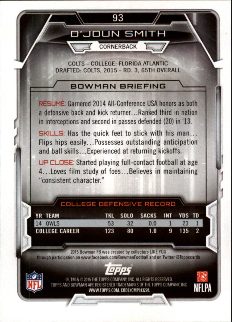 2015 Bowman #R93 D'Joun Smith RC back image