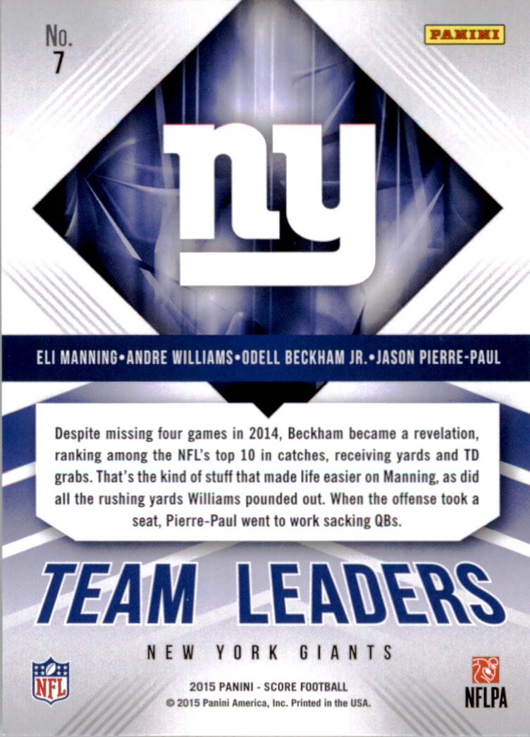 2015 Score Team Leaders #7 Andre Williams/Eli Manning/Jason Pierre-Paul/Odell Beckham Jr. back image