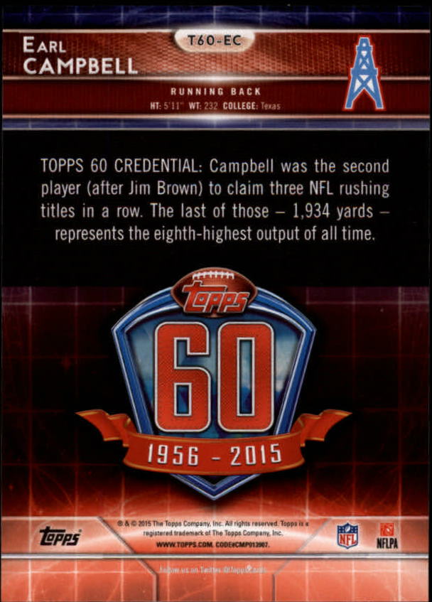 2015 Topps 60th Anniversary Throwbacks #T60EC Earl Campbell back image