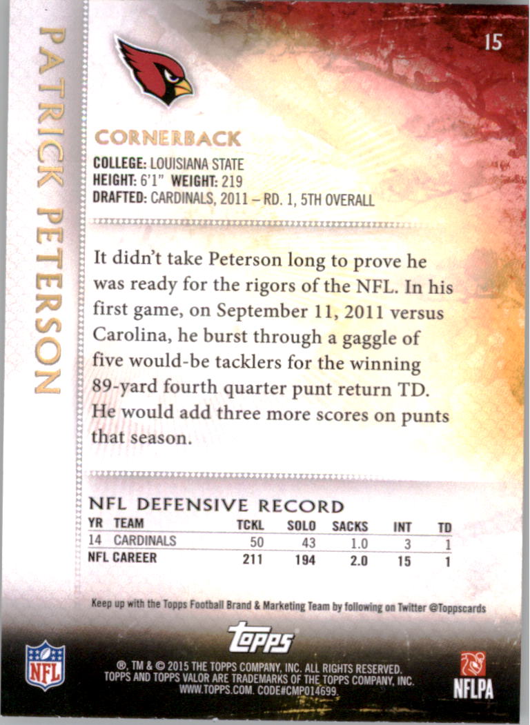 2015 Topps Valor #15 Patrick Peterson back image