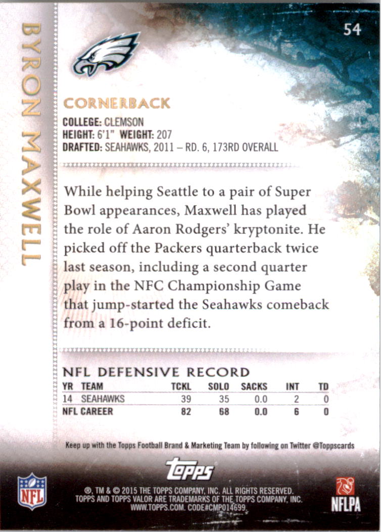 2015 Topps Valor #54 Byron Maxwell back image