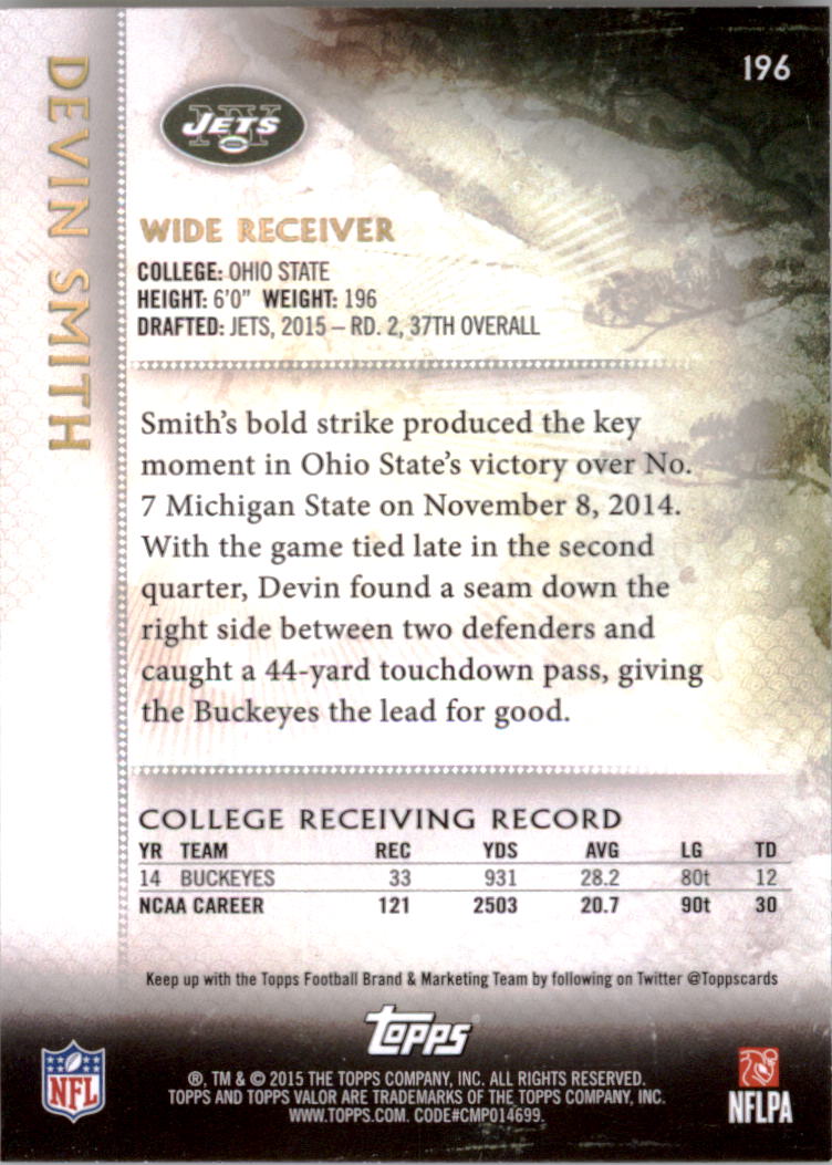 2015 Topps Valor #196 Devin Smith RC back image