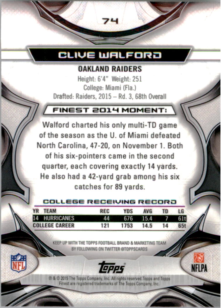 2015 Finest #74 Clive Walford RC back image