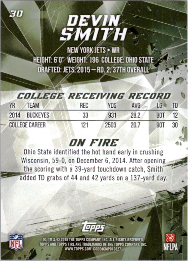 2015 Topps Fire #30B Devin Smith RC back image