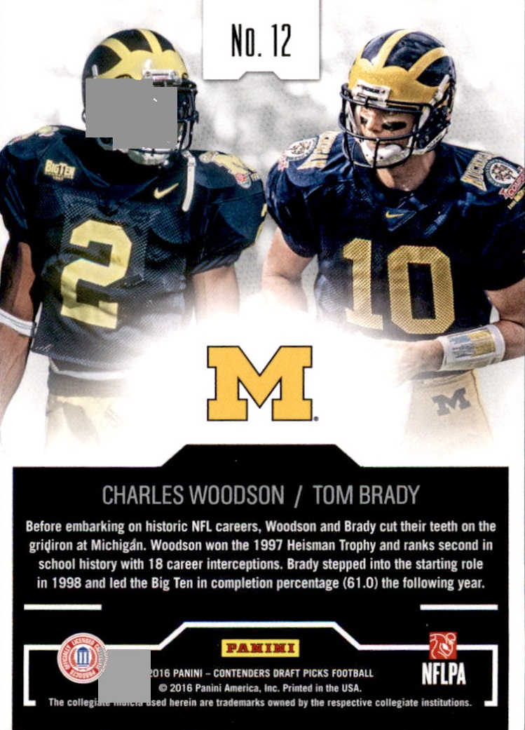 Sold at Auction: 2016 Contenders Draft Tom Brady/Charles Woodson Collegiate  Connections #12 & 2019 Contenders Draft Tom Brady/Charles Woodson #8