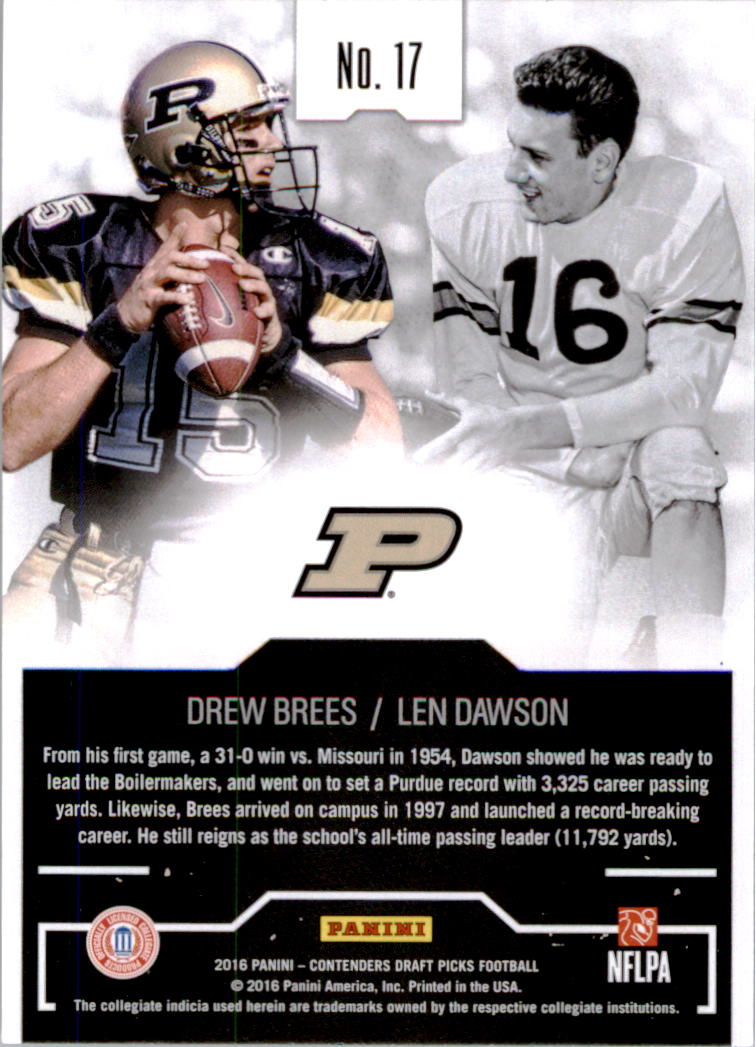 2016 Panini Contenders Draft Picks Collegiate Connections #17 Drew Brees/Len Dawson back image