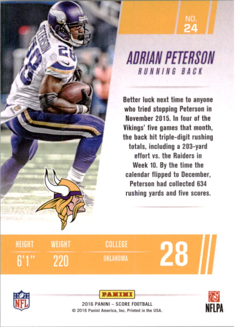 2016 Score Franchise #24 Adrian Peterson back image