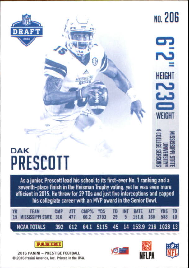 2016 Prestige #206 Dak Prescott RC back image