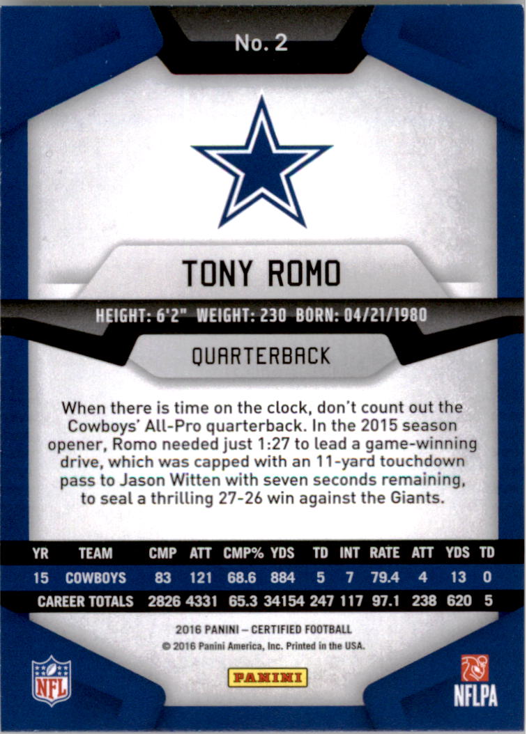 2016 Certified #2 Tony Romo back image