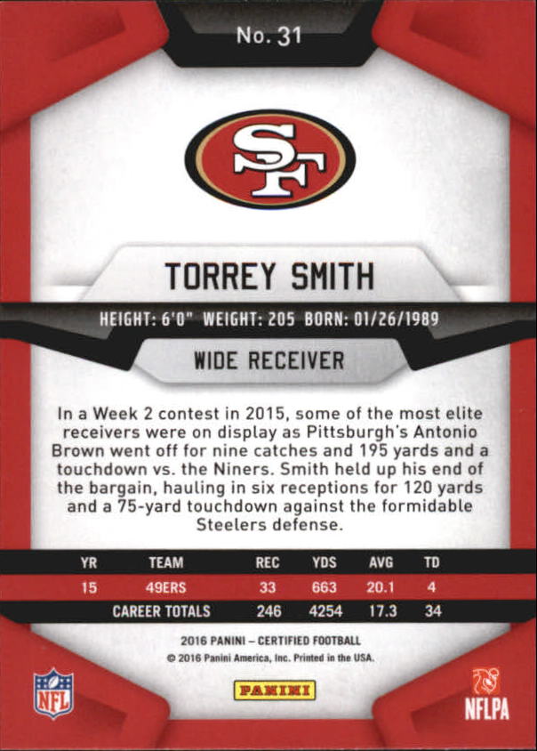 2016 Certified #31 Torrey Smith back image