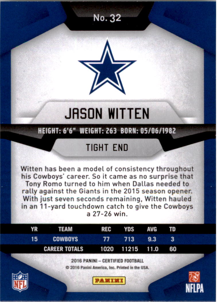 2016 Certified #32 Jason Witten back image