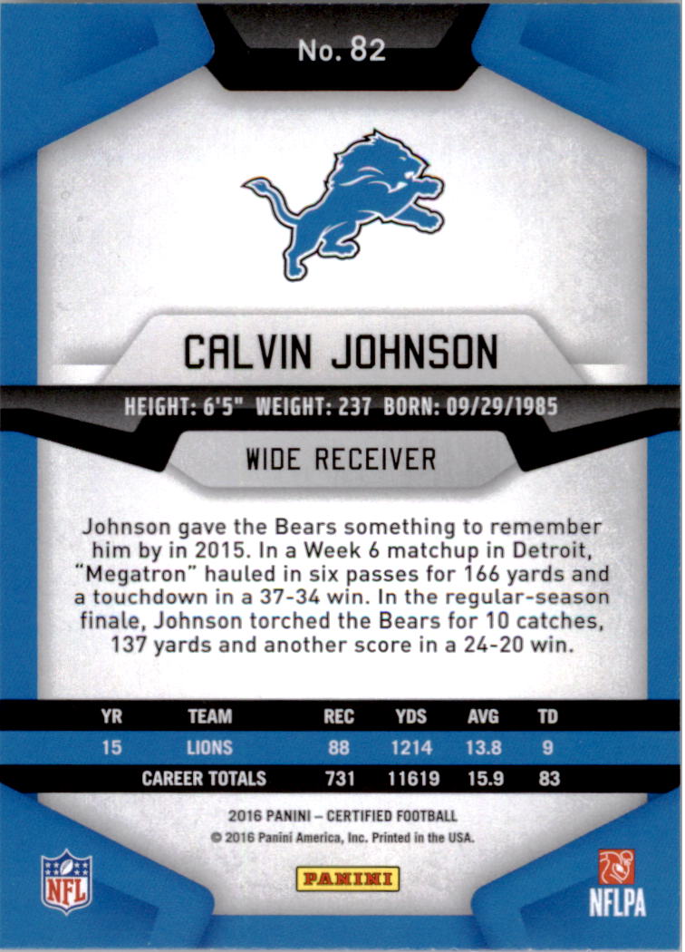2016 Certified #82 Calvin Johnson back image