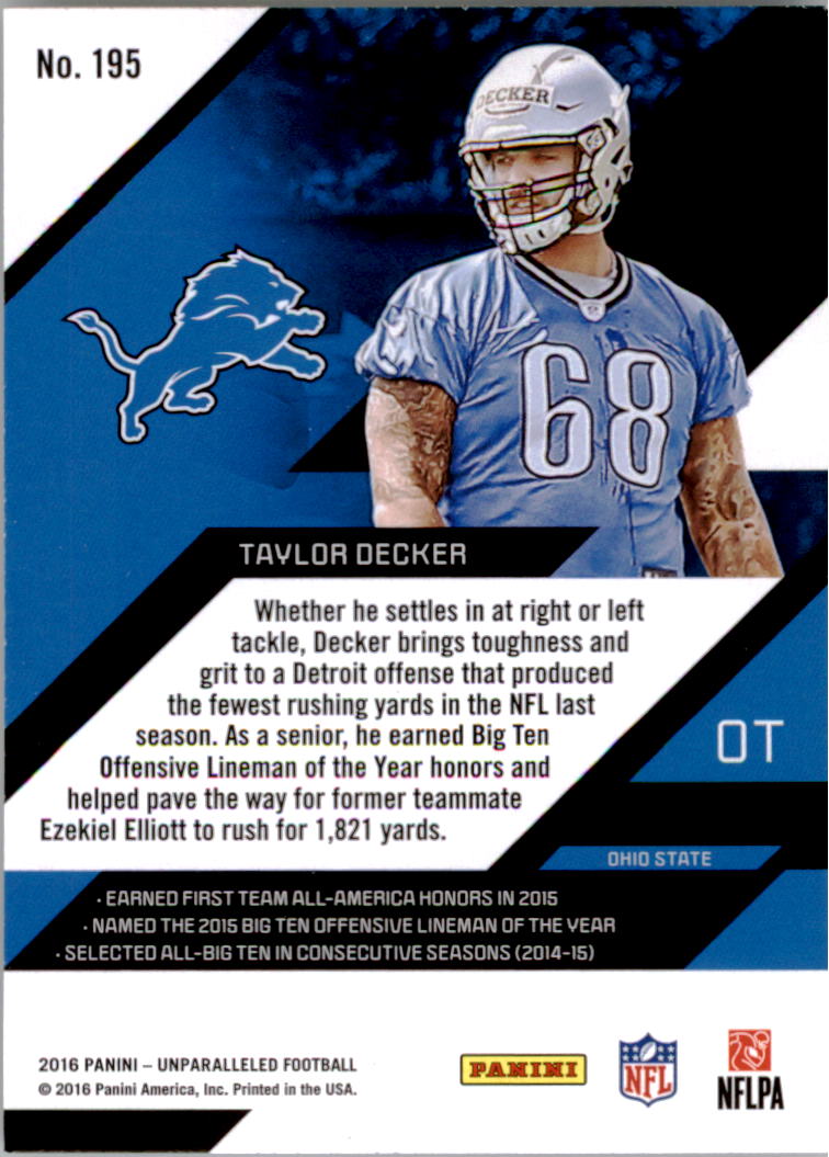 2016 Panini Unparalleled #195 Taylor Decker RC back image