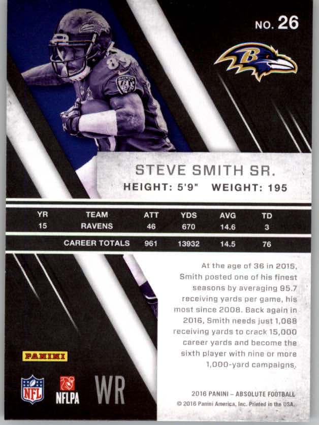 2016 Absolute #26 Steve Smith Sr. back image