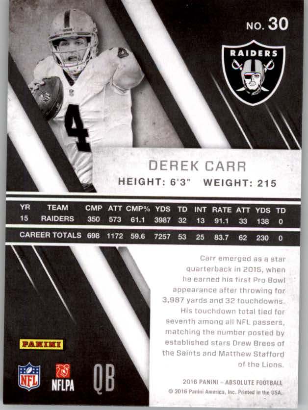 2016 Absolute #30 Derek Carr back image