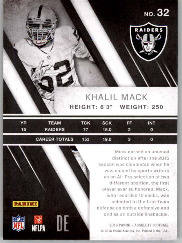 2016 Absolute #32 Khalil Mack back image