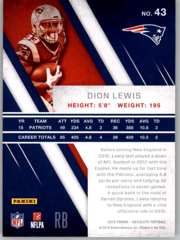 2016 Absolute #43 Dion Lewis back image