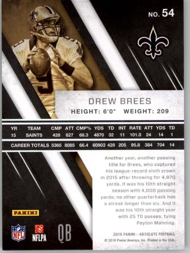 2016 Absolute #54 Drew Brees back image