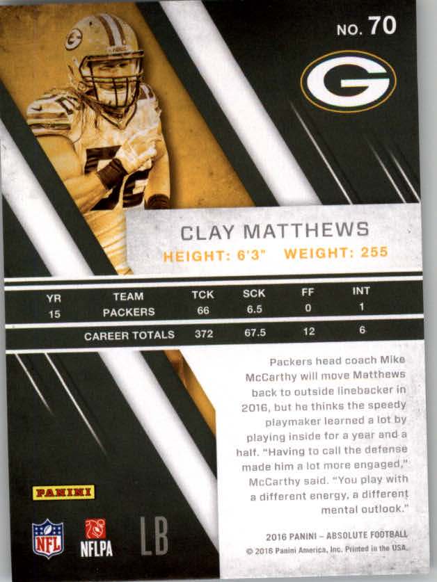 2016 Absolute #70 Clay Matthews back image