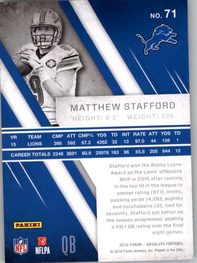 2016 Absolute #71 Matthew Stafford back image