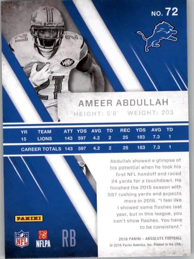 2016 Absolute #72 Ameer Abdullah back image