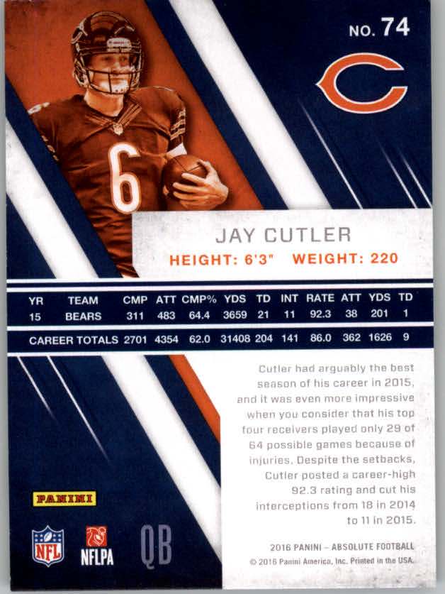 2016 Absolute #74 Jay Cutler back image