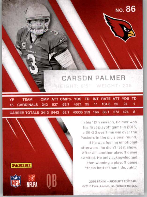 2016 Absolute #86 Carson Palmer back image