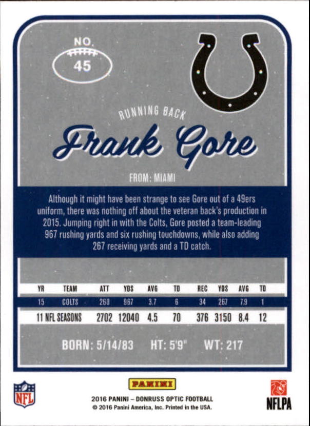 2016 Donruss Optic #45 Frank Gore back image