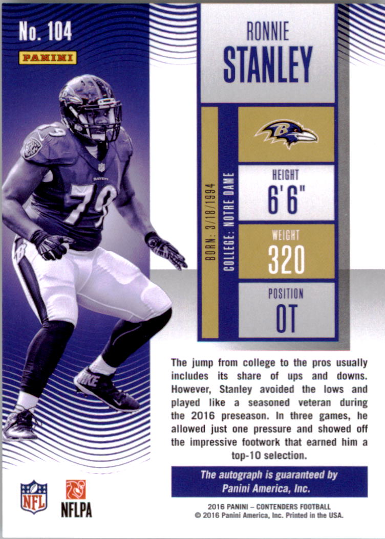 2016 Panini Contenders #104 Ronnie Stanley AU RC back image