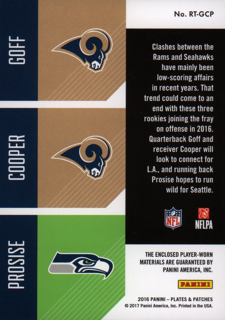 2016 Panini Plates and Patches Rookie Triple Combo Patches #12 C.J. Prosise/Jared Goff/Pharoh Cooper back image