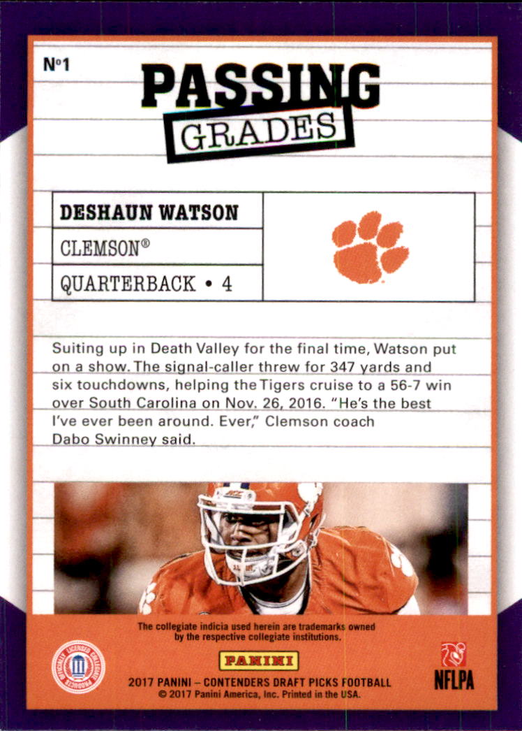 2017 Panini Contenders Draft Picks Passing Grades #1 Deshaun Watson