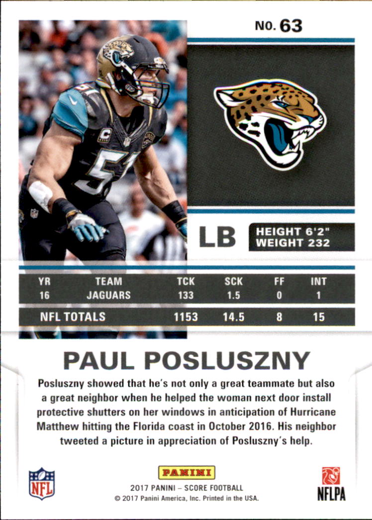 2017 Score #63 Paul Posluszny back image