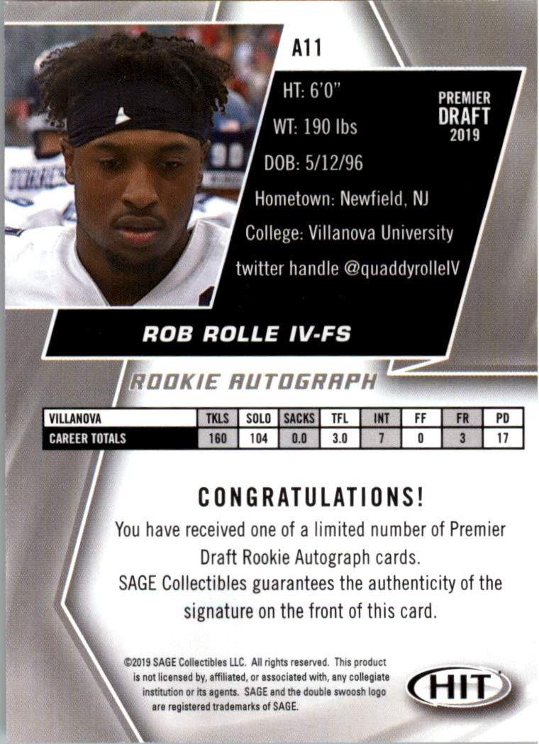 2019 SAGE HIT Autographs Red #A11 Rob Rolle IV back image