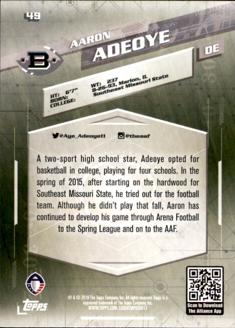 A9018- 2019 Topps AAF Football Cards 1-175 +Inserts -You Pick- 15+ FREE US SHIP - Picture 85 of 313