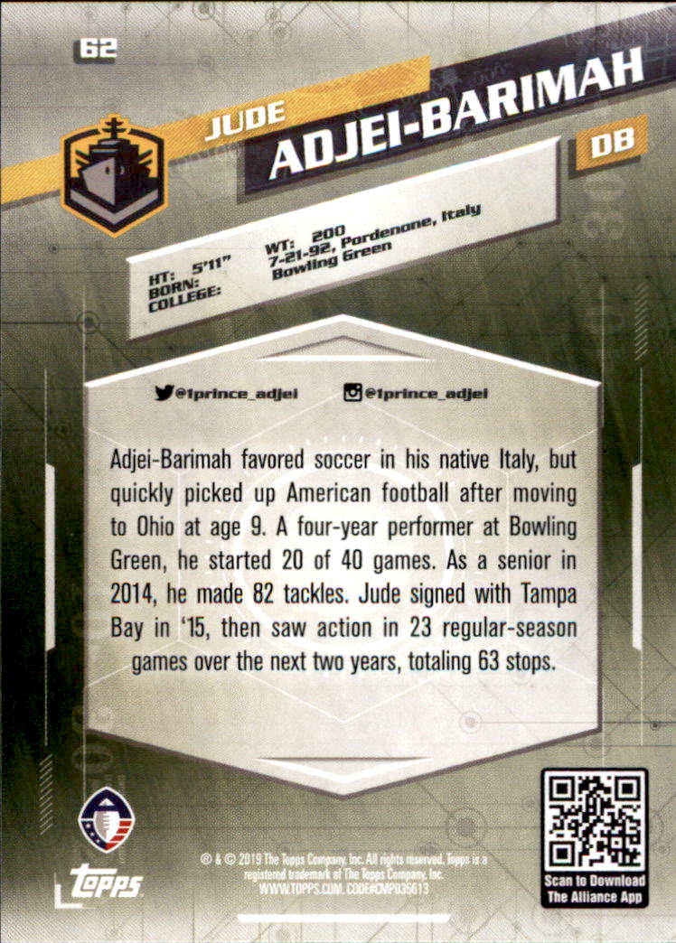 A9018- 2019 Topps AAF Football Cards 1-175 +Inserts -You Pick- 15+ FREE US SHIP - Picture 111 of 313