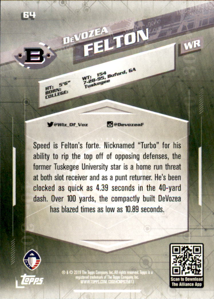 A9018- 2019 Topps AAF Football Cards 1-175 +Inserts -You Pick- 15+ FREE US SHIP - Picture 115 of 313