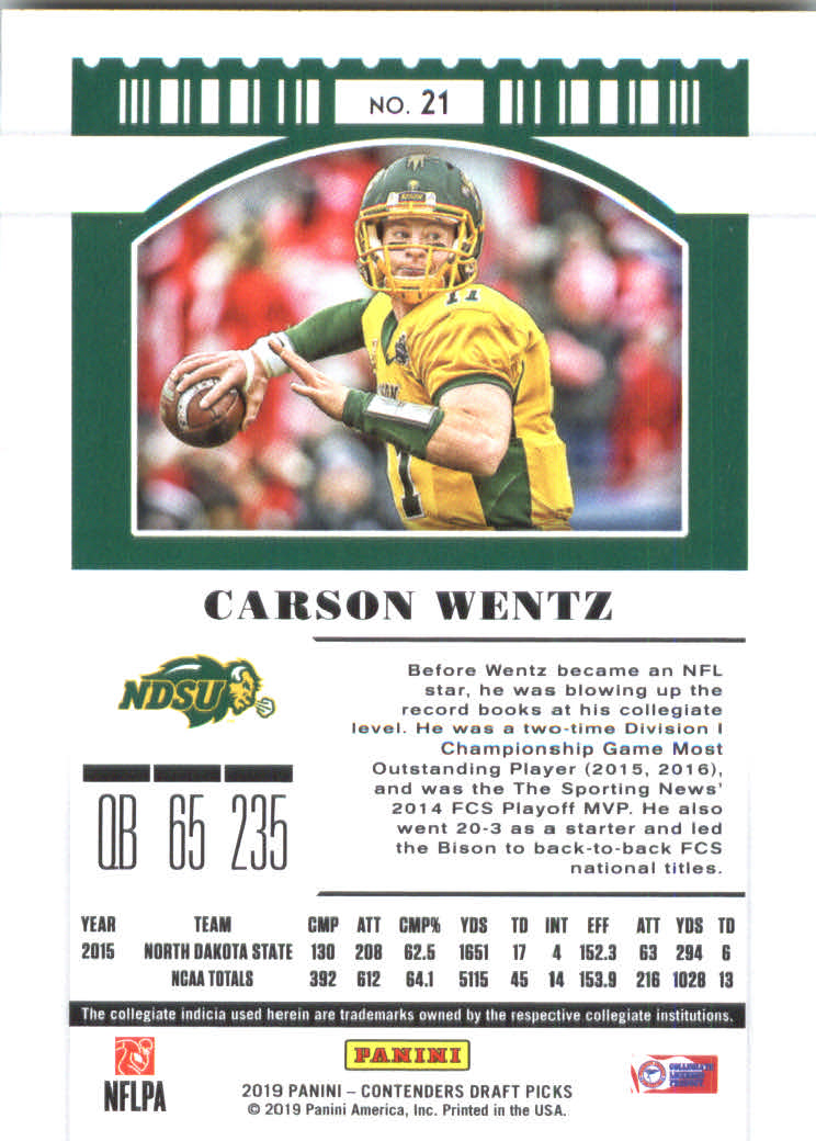 2019 Panini Contenders Draft Picks #21 Carson Wentz back image