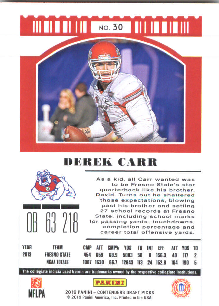 2019 Panini Contenders Draft Picks #30 Derek Carr back image