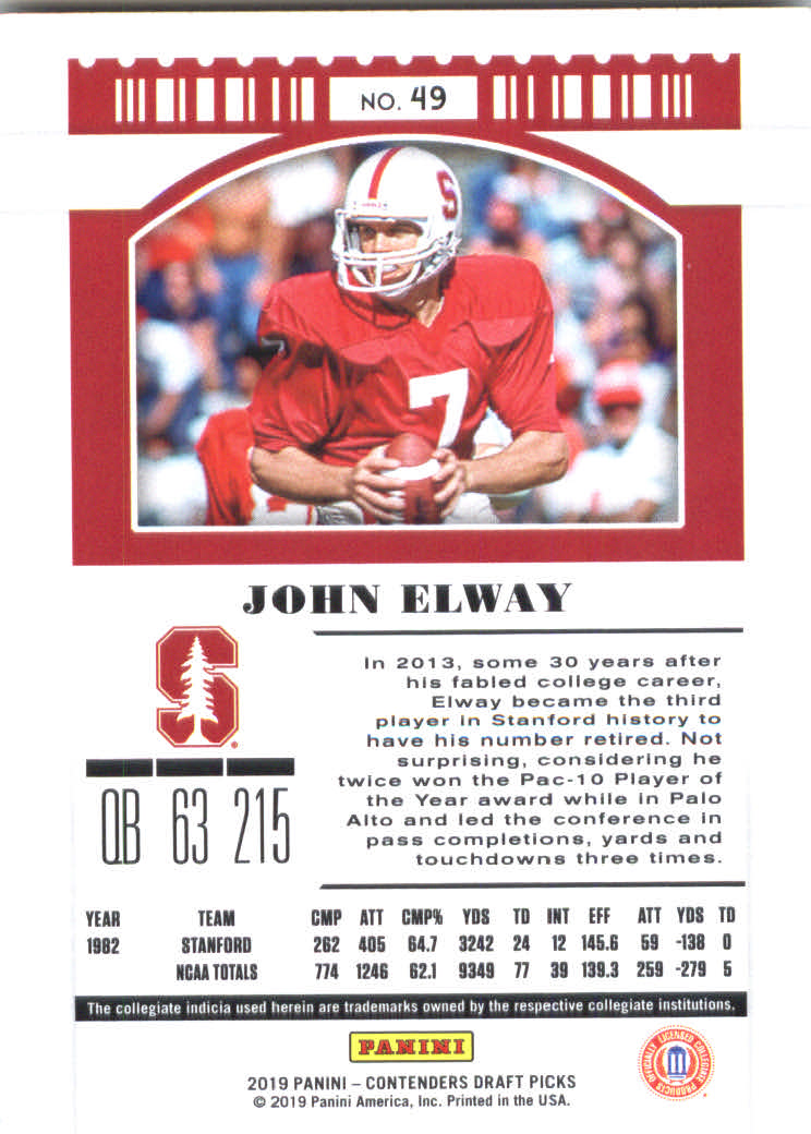 2019 Panini Contenders Draft Picks #49 John Elway back image