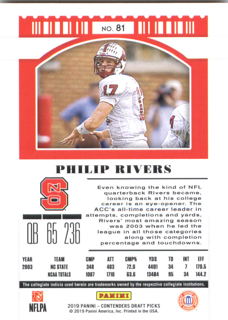 2019 Panini Contenders Draft Picks #81 Philip Rivers back image