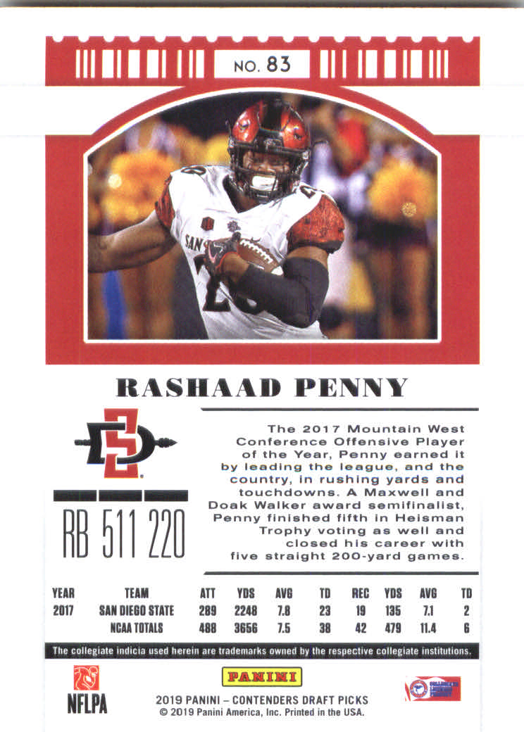 2019 Panini Contenders Draft Picks #83 Rashaad Penny back image