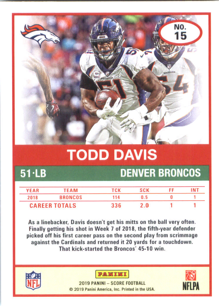 2019 Score #15 Todd Davis back image