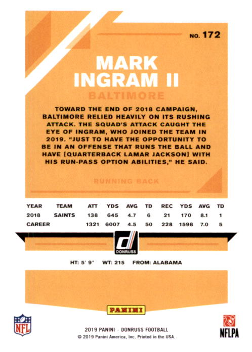 2019 Donruss #172 Mark Ingram II back image
