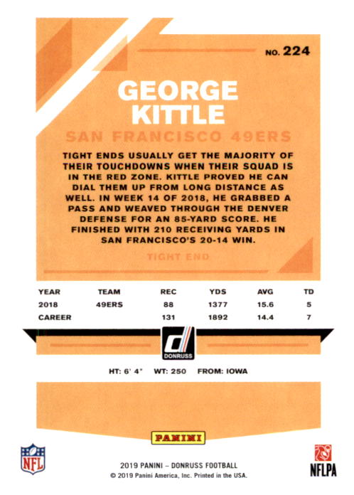 2019 Donruss #224A George Kittle back image