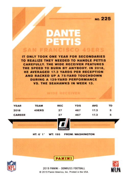 2019 Donruss #225 Dante Pettis back image