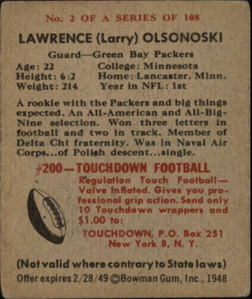 1948 Bowman #2 Larry Olsonoski RC back image