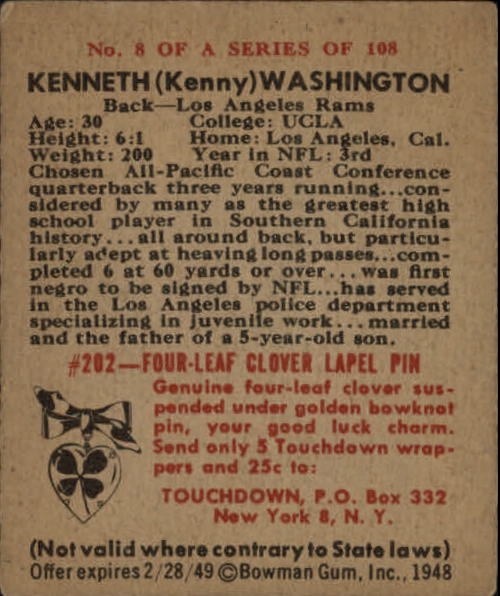 1948 Bowman #8 Kenny Washington RC back image