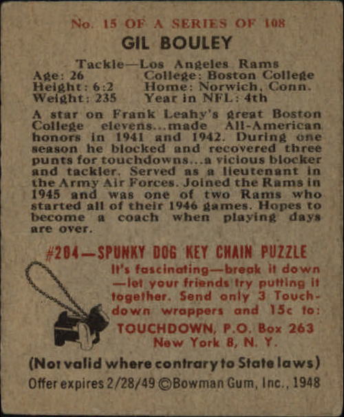 1948 Bowman #15 Gil Bouley SP RC back image